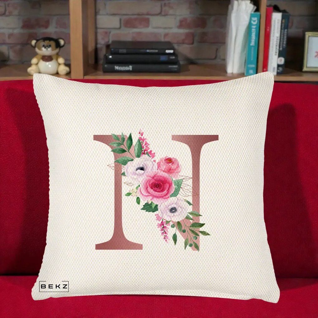 Cadou Personalizat - Perna Personalizata Monograma Rose Gold Litera N, 40x40 cm, Crem Reliefat, Husa Detasabila, Perna Inclusa, BEKZ®
