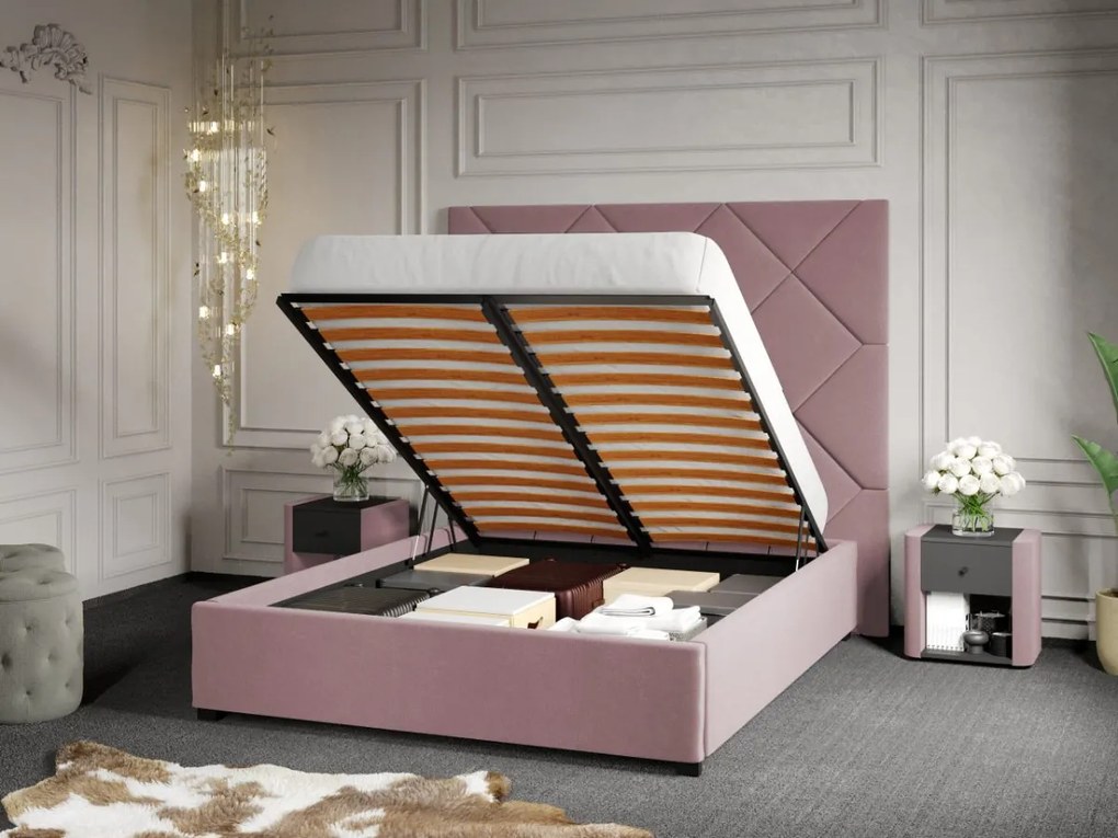 Pat Tapitat cu Panou 191x170 C2 Dubai cu somiera rabatabila si lada de depozitare Roz - Velluto 14 140x200