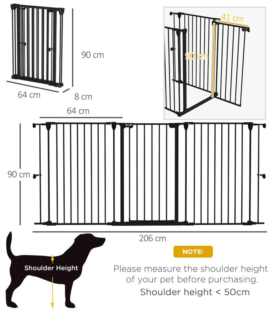 PawHut Poartă pentru Câini cu 3 Panouri și Sistem Dublu de Închidere, Barieră pentru Câini pentru Scări, Uși, Holuri, 206x90 cm, Negru | Aosom Romania