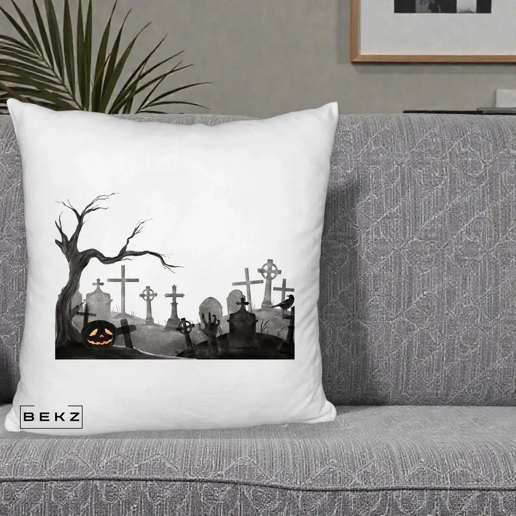 Perna Decorativa Halloween Cimitir Acuarela cu Dovleac, 40x40 cm, Alb Pufos, Husa Detasabila, Perna Inclusa, BEKZ®