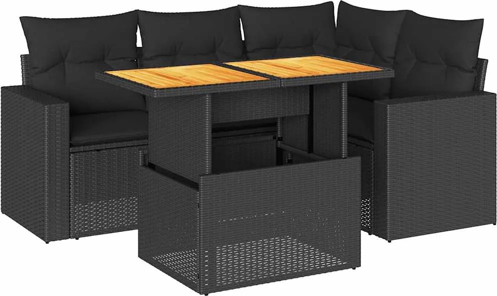 vidaXL Set mobilier de grădină cu perne, 5 piese, negru, poliratan