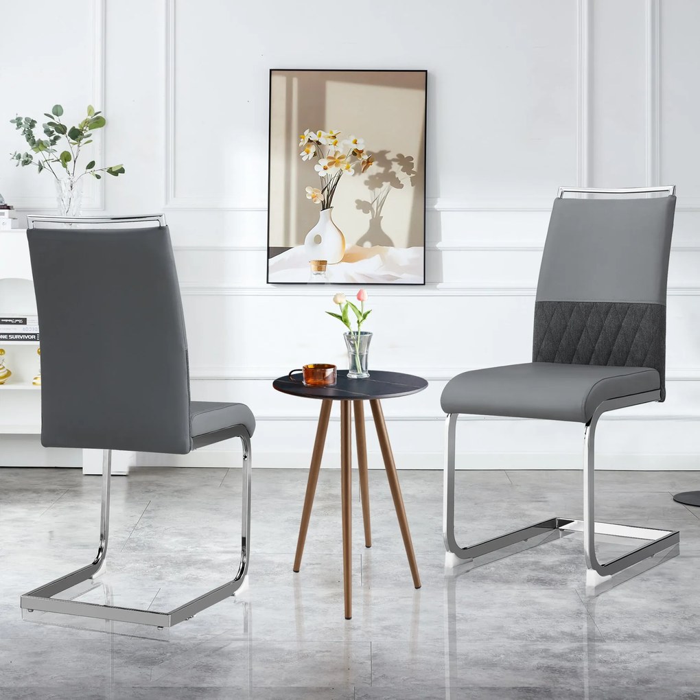 Set de 2 scaune moderne pentru sufragerie, cu spătar înalt, din PU și material textil, pentru bucătărie și birou, Gri