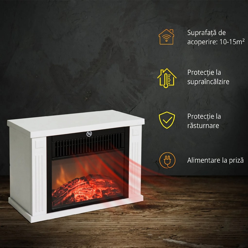 HOMCOM Șemineu Electric de Podea cu Efect de Flacără, Putere Reglabilă 600/1200W, Acoperire 10-15m², Alb | Aosom Romania