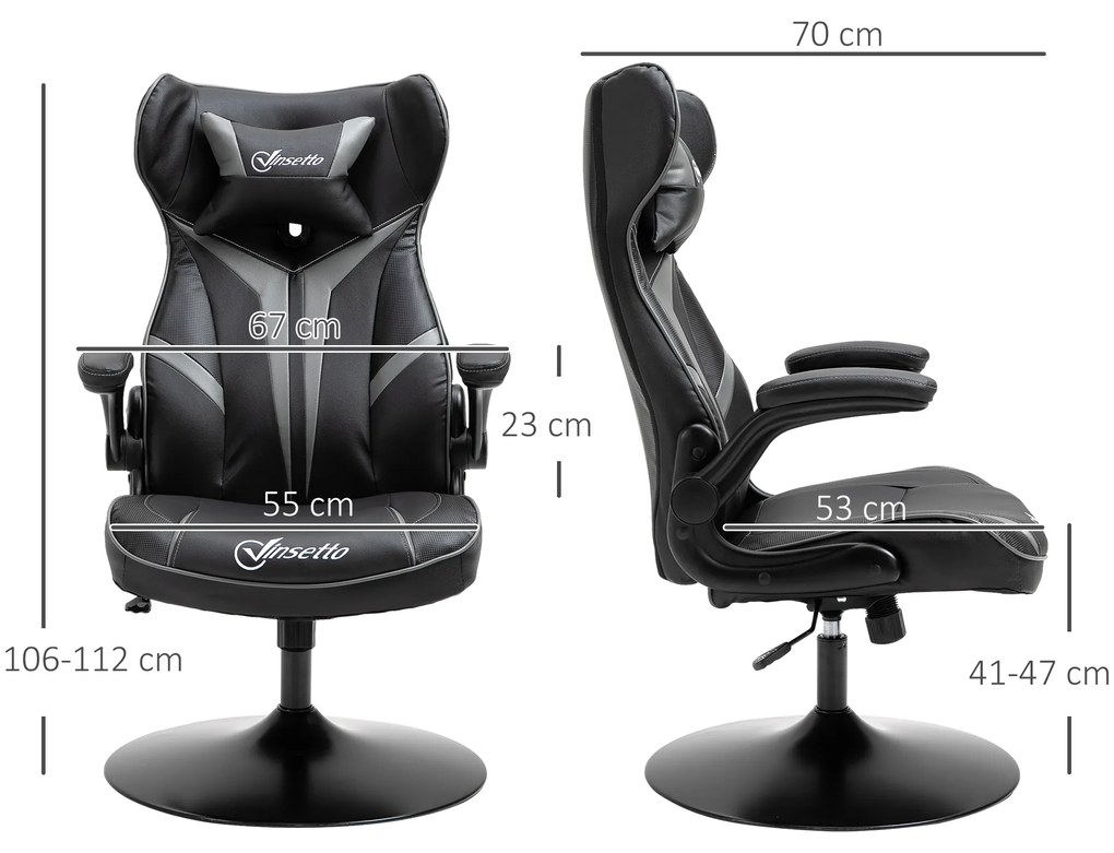 Vinsetto Scaun gamer scaun de joc gaming pivotant la 360° ergonomic înălțime reglabilă brațe rabatabile pernă tăiere incluse înveliș similicuir 67 x 70 x 106-112 cm gri deschis și negru | Aosom Romania