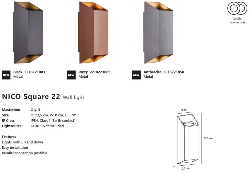 Aplica up/down de perete pentru iluminat exterior IP54 Nico square 22 ruginiu