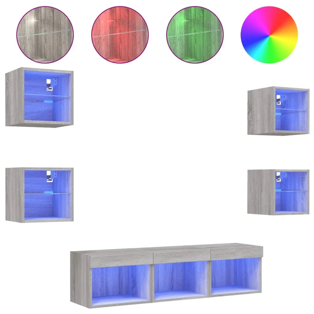 3216588 vidaXL Unități de perete TV cu LED-uri, 7 piese, gri sonoma, lemn