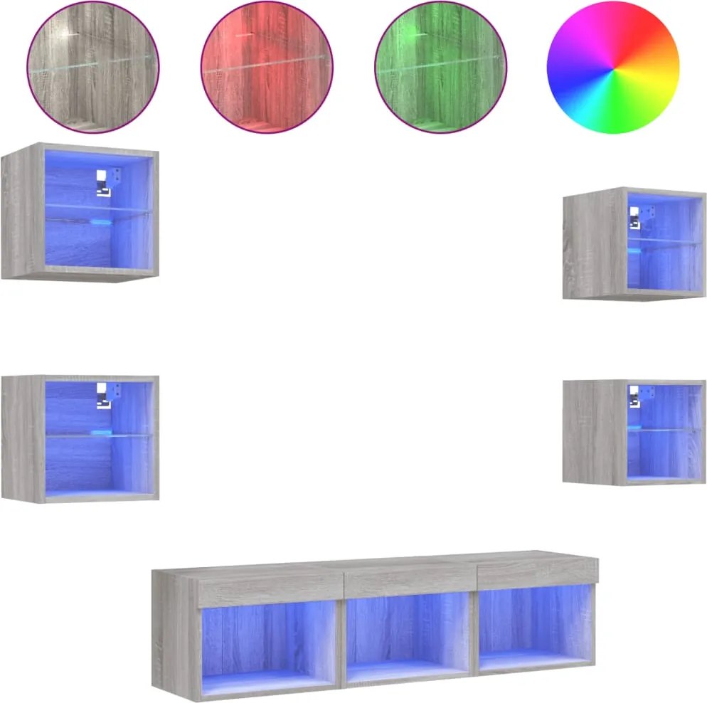 vidaXL Unități de perete TV cu LED-uri, 7 piese, gri sonoma, lemn