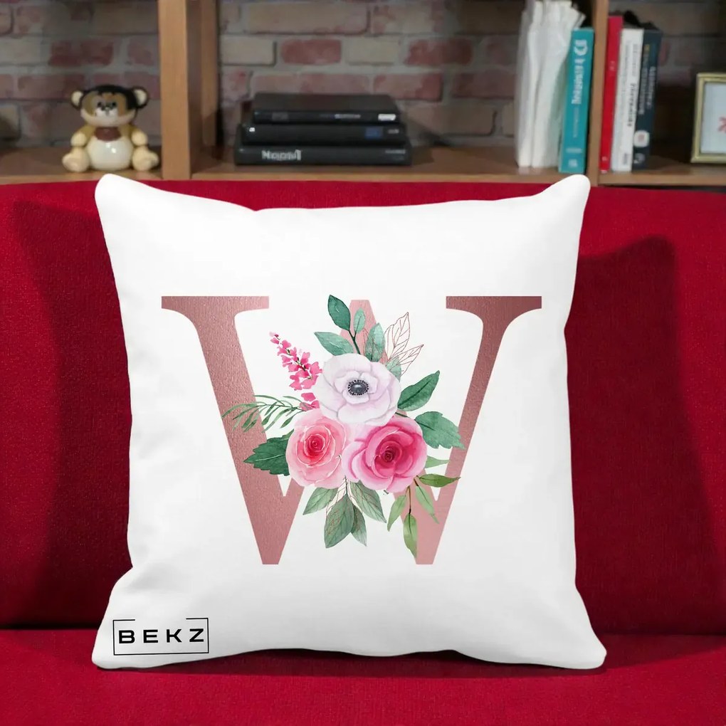 Cadou Personalizat - Perna Personalizata Monograma Rose Gold Litera W cu Trandafiri si Anemona, 40x40 cm, Alba Mata, Husa Detasabila, Perna Inclusa, BEKZ®
