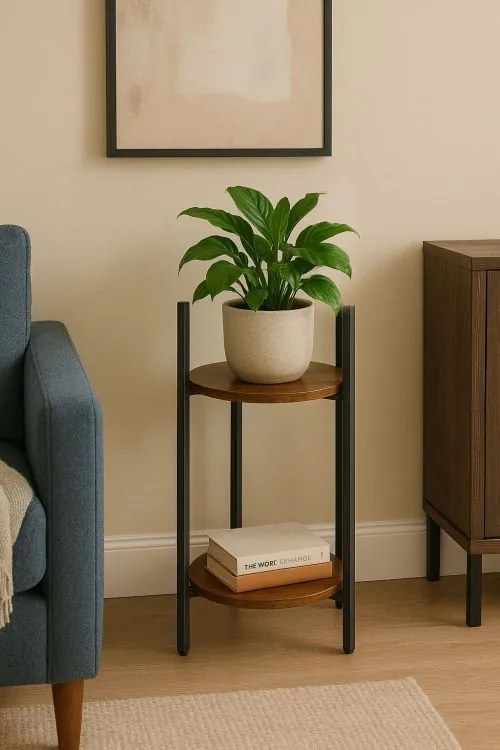 Suport pentru flori Loft - raft cu 2 etaje cu rafturi rotunde din lemn