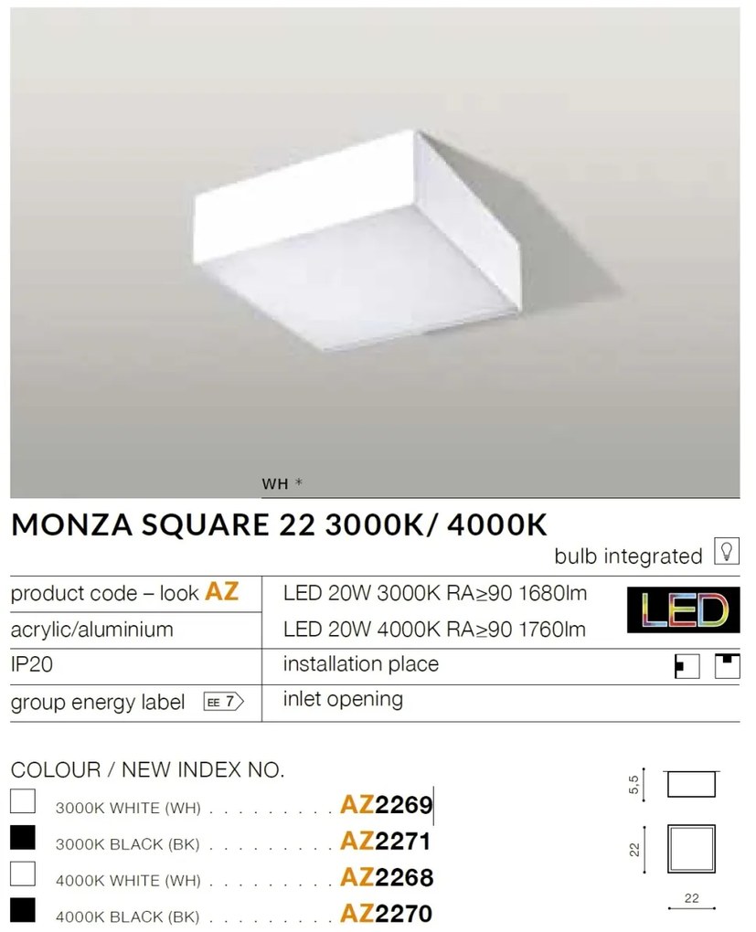 Plafoniera LED design slim MONZA S 22 3000K alba