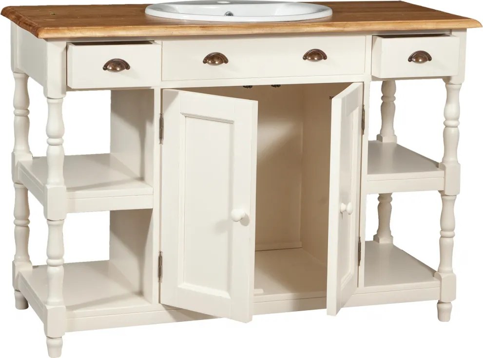 Mobilier de baie din lemn masiv, lavoar ceramica , alb antichizat  natur, L128x54xH92 cm