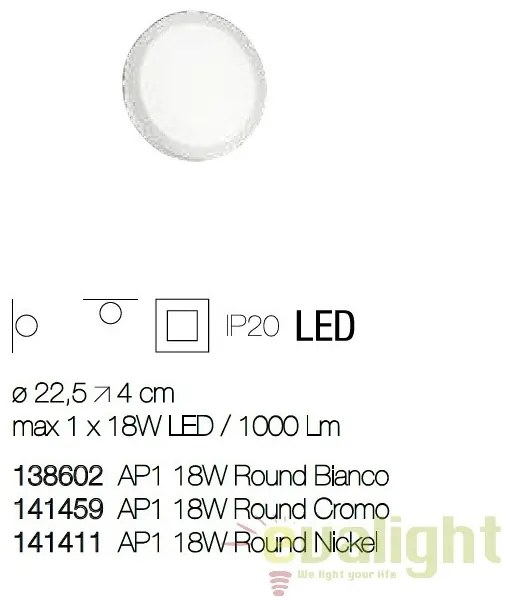 Aplica LED diametru 22,5cm, UNIVERSAL AP1 18W ROUND BIANCO 138602
