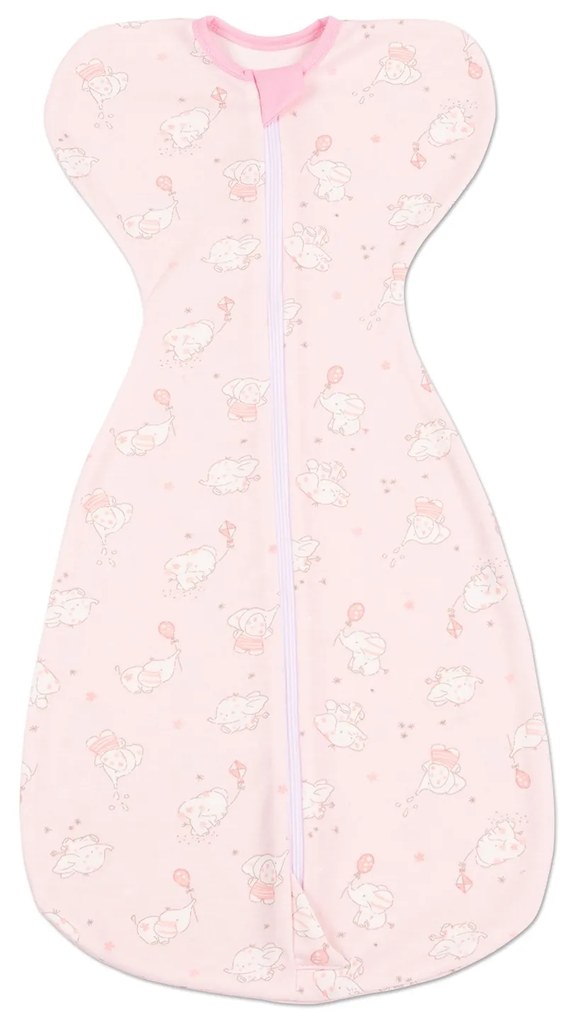 Sistem de infasat cu fermoar dublu Kidizi Swaddel Confort Elefun Pink 0-4 luni, 100% bumbac, 0.5 tog