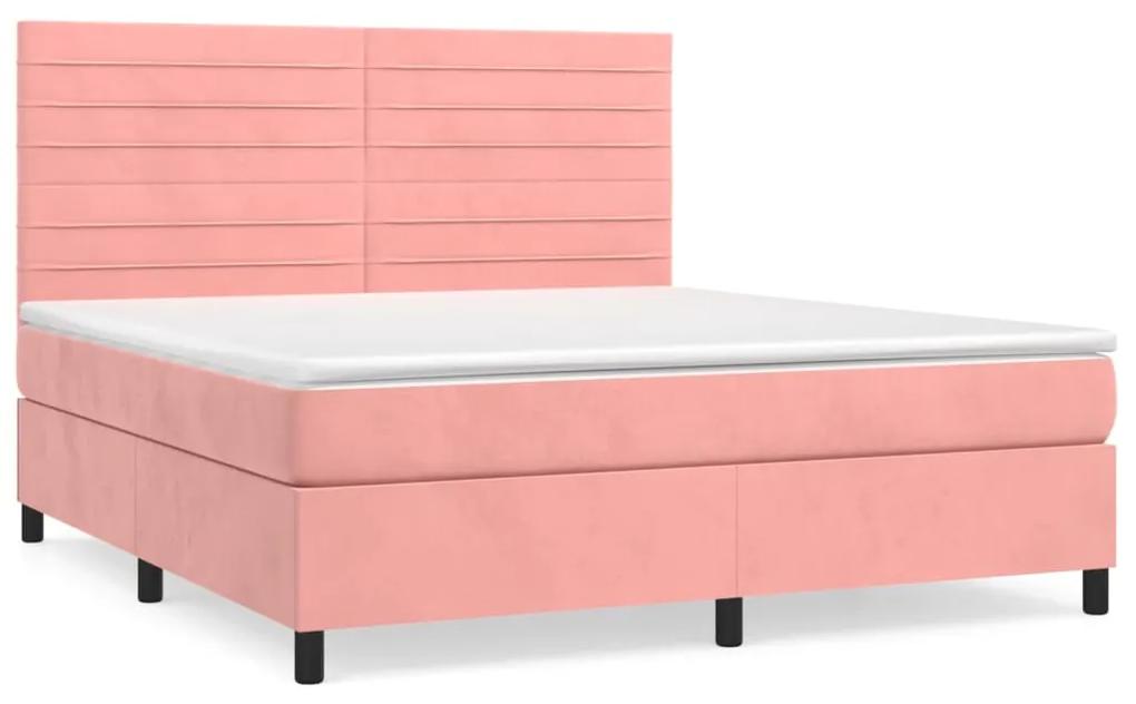 Pat box spring cu saltea, roz, 160x200 cm, catifea Roz, 160 x 200 cm, Benzi orizontale