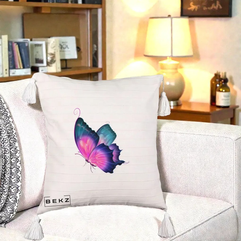 Perna Decorativa Fluture Neon, 40x40 cm, Bej cu Franjuri, Husa Detasabila, Perna Inclusa, BEKZ®