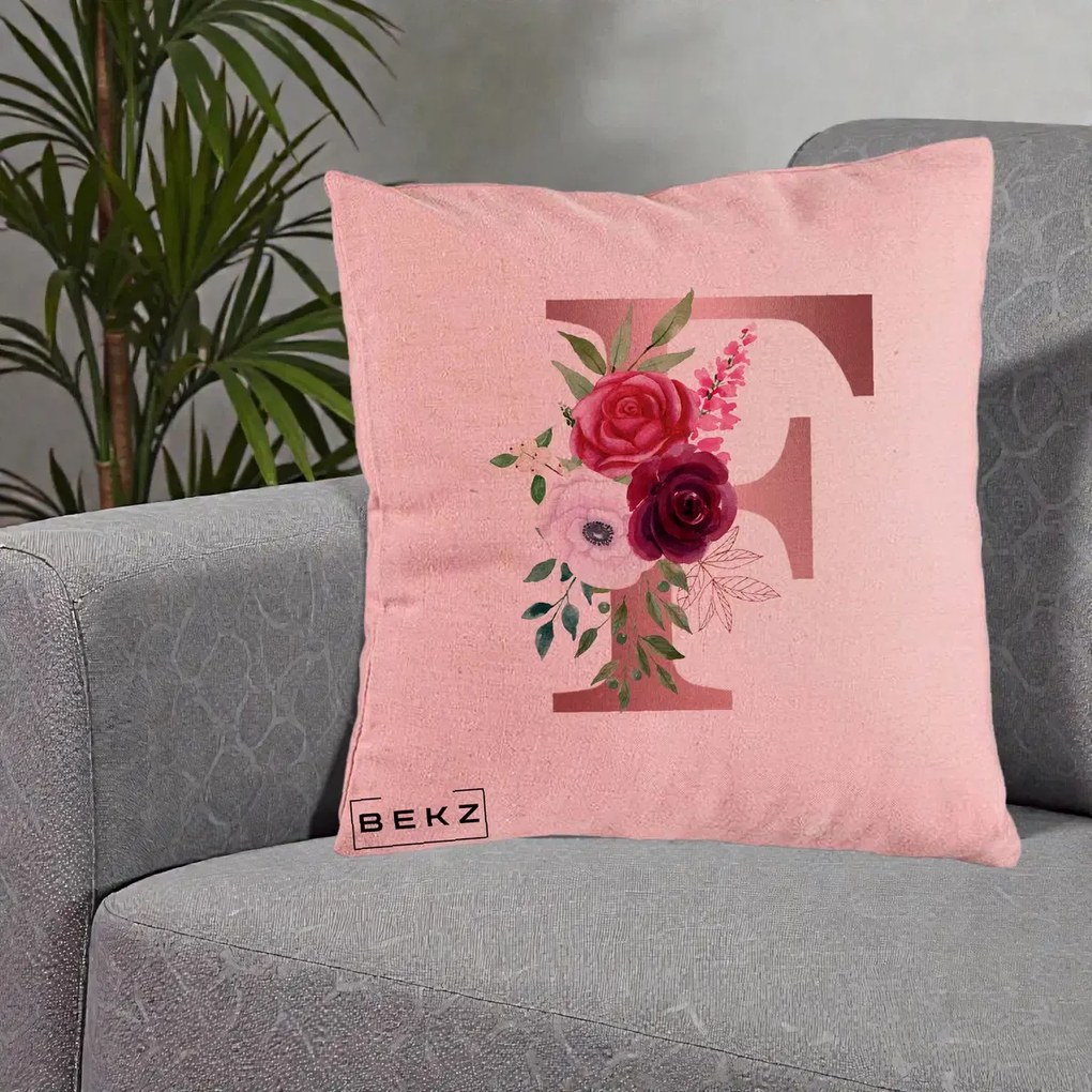 Cadou Personalizat - Perna Personalizata Monograma Rose Gold Litera F, 40x40 cm, Roz, Husa Detasabila, Perna Inclusa, BEKZ®