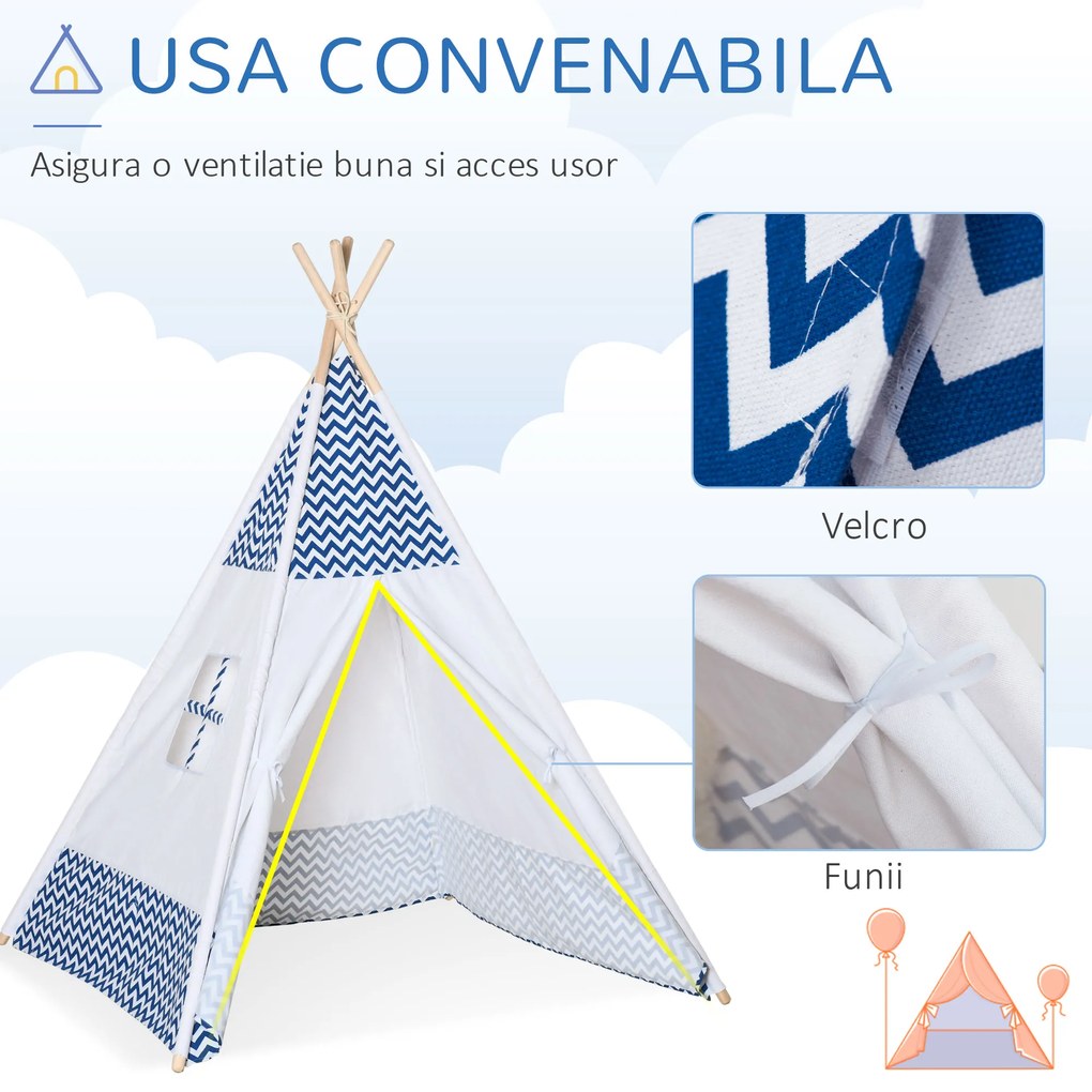 HOMCOM Cort Teepee Indian Gri și Alb pentru Copii 3-6 Ani, Spațiu de Joacă Interior/Exterior, Ușor de Asamblat | Aosom Romania