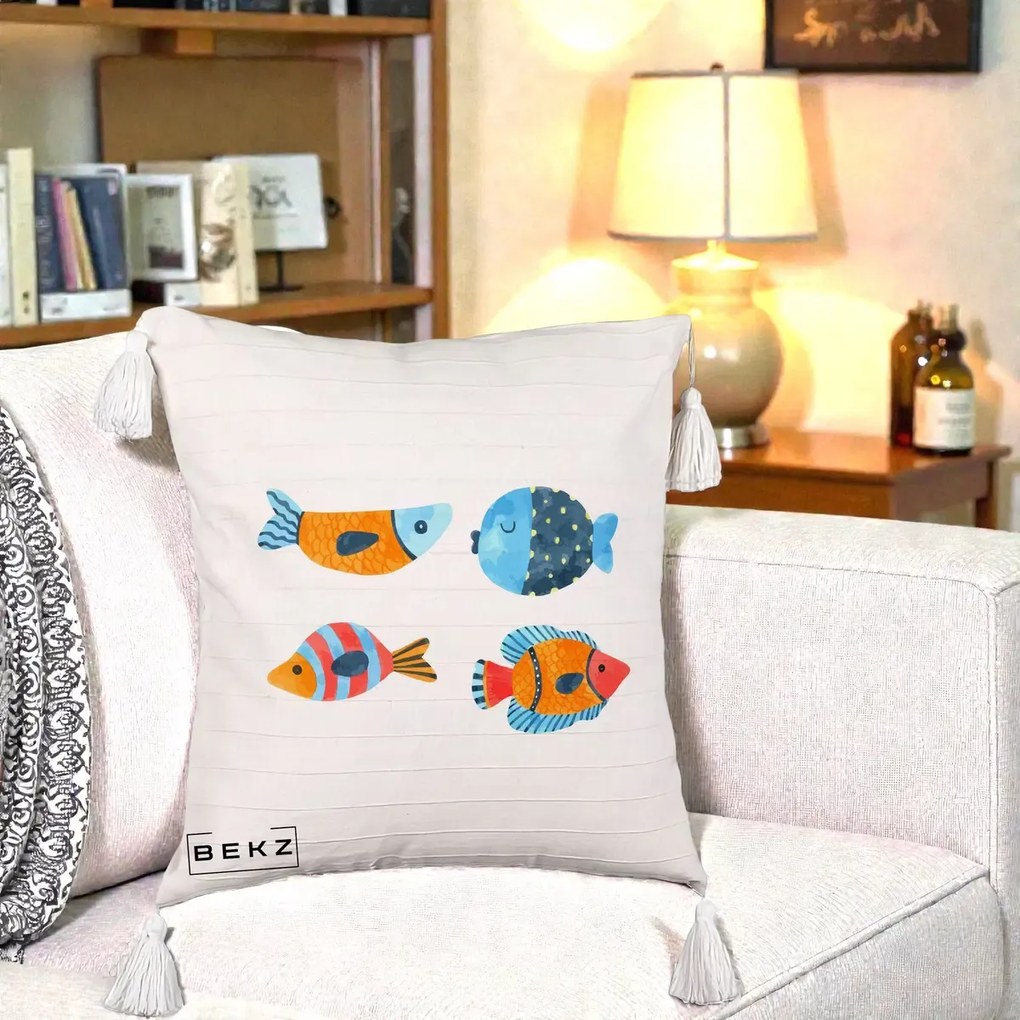 Perna Decorativa Pesti Acuarela, 40x40 cm, Bej cu Franjuri, Husa Detasabila, Perna Inclusa, BEKZ®