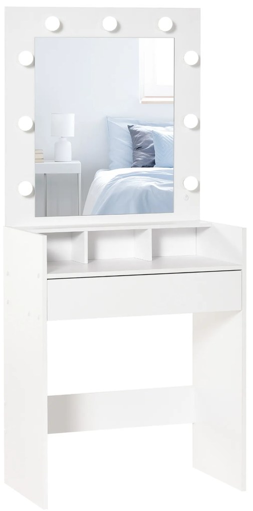 HOMCOM Masuta de Toaleta pentru Camera cu Oglinda 9 Lumini LED, Masa de Machiaj cu Sertar si Compartimente Deschise 70x40x160cm, Alb