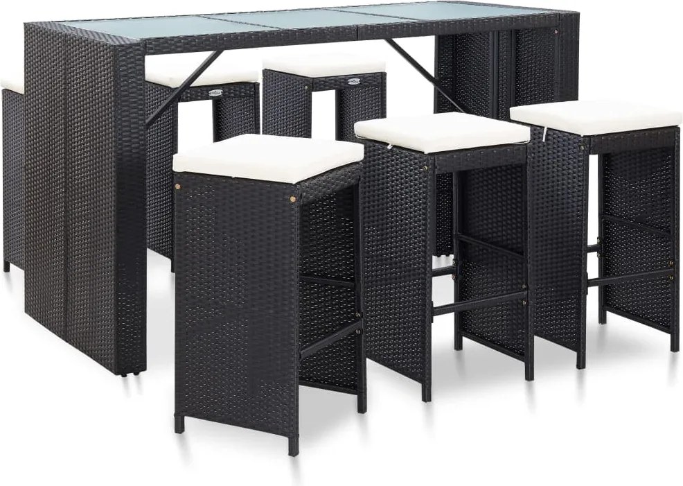 vidaXL Set mobilier bar de grădină cu perne, 7 piese, negru, poliratan