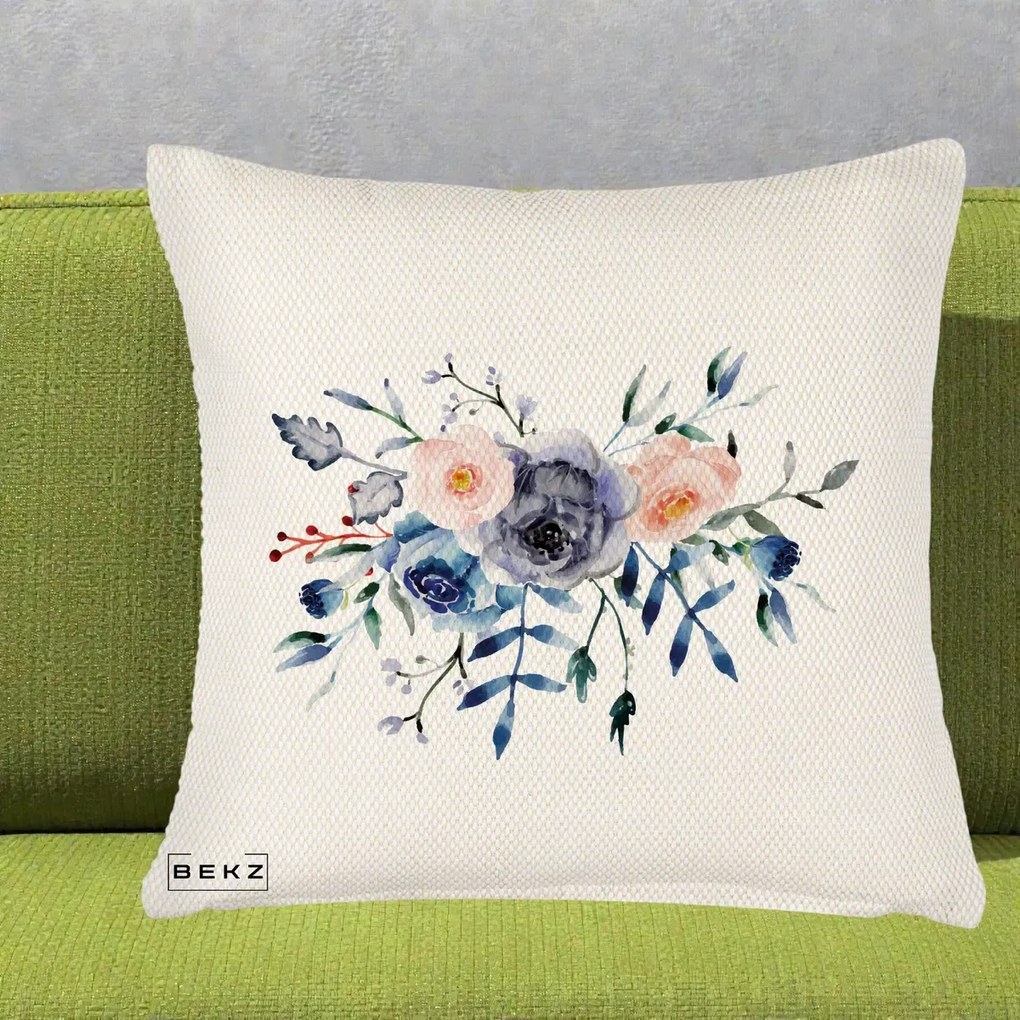 Perna Decorativa Buchet Flori Albastre Acuarela, 40x40 cm, Crem Reliefat, Husa Detasabila, Perna Inclusa, BEKZ®