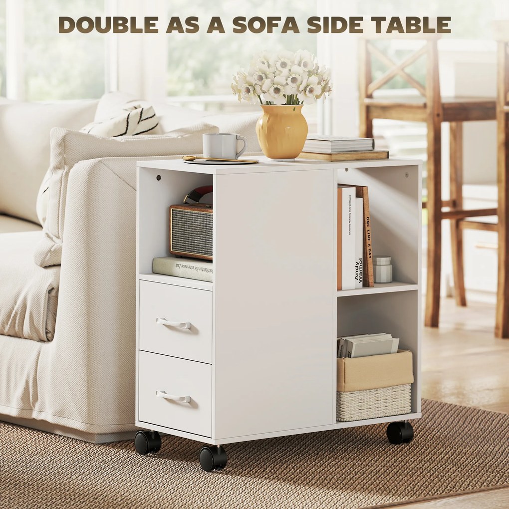 HOMCOM Măsuță de Living cu Roți, 2 Sertare, Raft Deschis și Poliță Reglabilă, Măsuță pentru Dormitor sau Living, 60x30x65 cm, Alb | Aosom Romania
