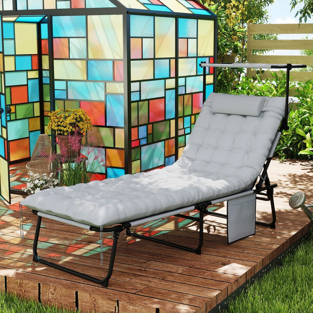 Outsunny Șezlong pliabil cu copertină și saltea, șezlong cu spătar reglabil în 4 poziții, gri deschis | Aosom Romania