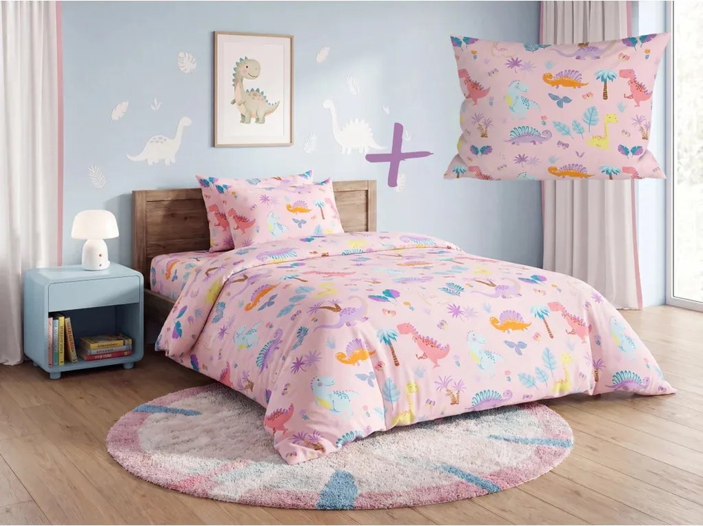 Set lenjerie de pat din microfibra pentru copii DINO ISLAND colorat + husa de perna 50 x 70 cm GRATUIT