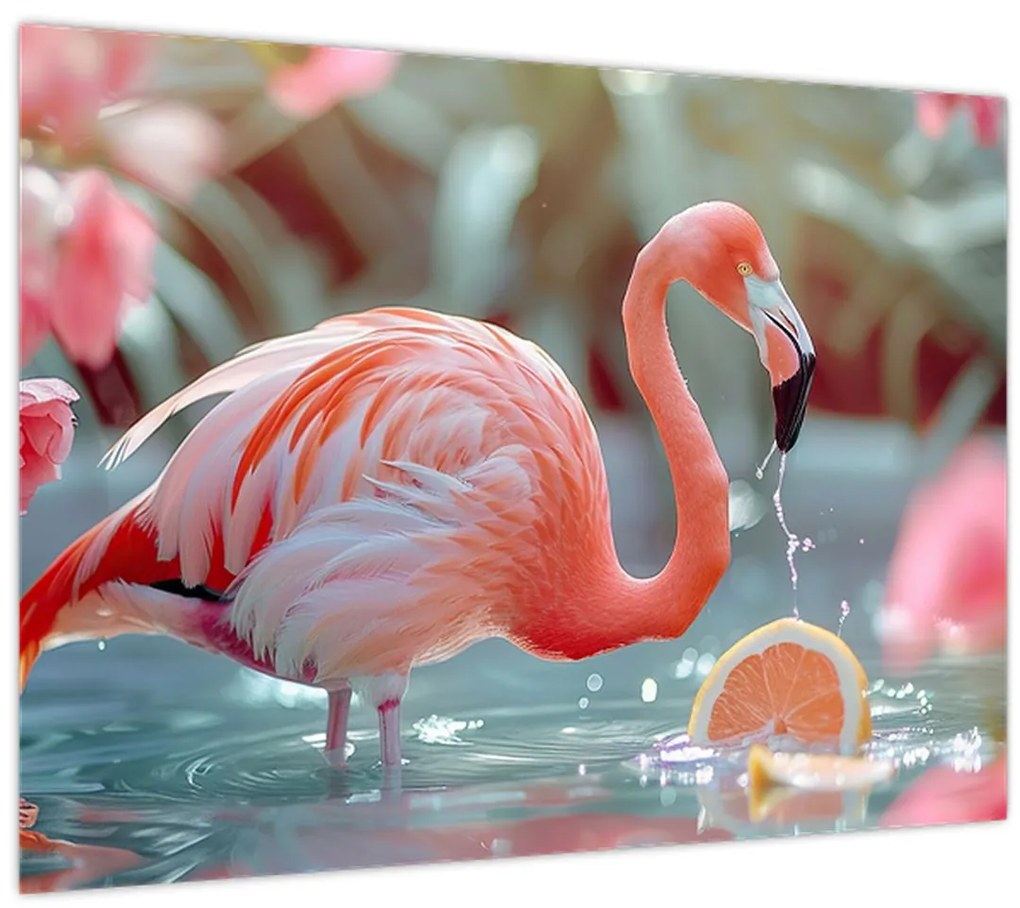 Tablou pe sticlă - Flamingo în iaz (70x50 cm)
