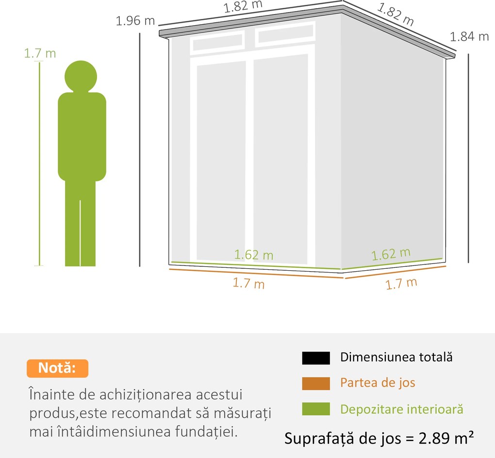 Outsunny Magazie de Grădină 2.89m² din PP și Aluminiu cu Podea, Depozit Grădină cu Uși Duble cu Încuietoare, Aerisiri, 3 Ferestre, Acoperiș Înclinat, Mănuși, Gri Închis | Aosom Romania