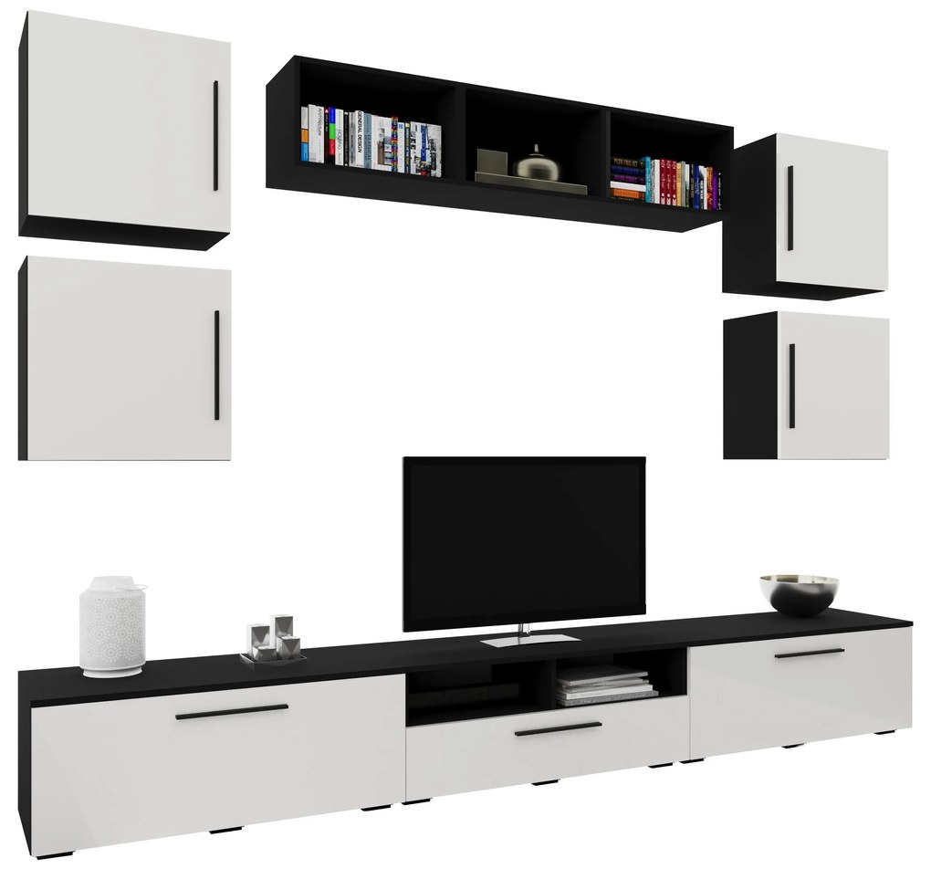 Living Kos V3, Negru/Alb Lucios, MDF, L 285 cm