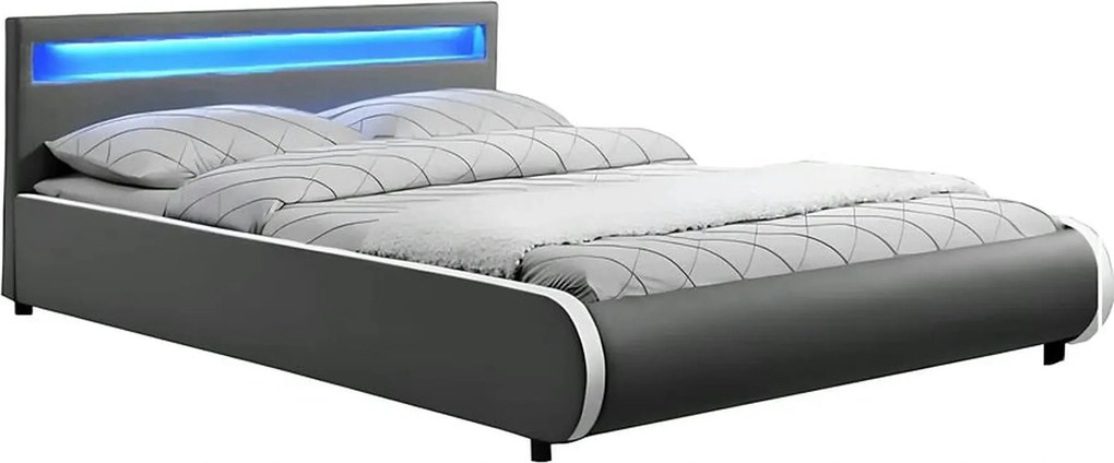 Pat DULCEA 180x200, gri, piele ecologica/PAL, cu iluminare LED RGB si