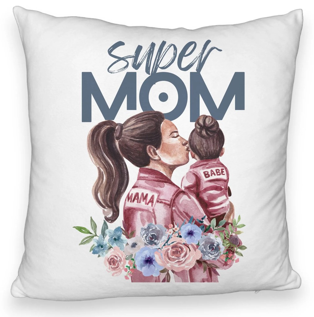 Perna Decorativa Fluffy, Model Super MOM Babe, 40x40 cm, Alba, Husa Detasabila, Burduf