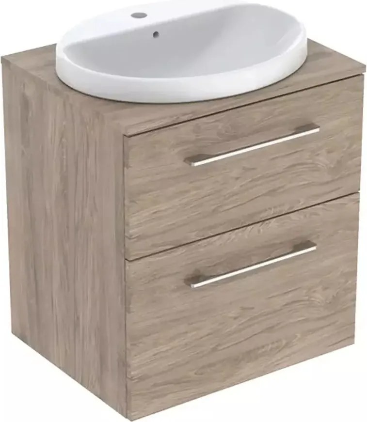 Set dulap baza suspendat Geberit Selnova Square finisaj nuc american Hickory 2 sertare si lavoar 60 cm