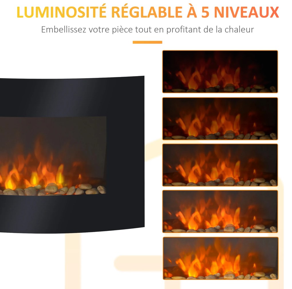 HOMCOM Șemineu Electric de Perete 900/1800W Încălzire cu Efect de Flacără 3D Reglabil, Șemineu Electric cu Lumină LED în 7 Culori, Telecomandă, Temporizator și Termostat, 30 m², Negru | Aosom Romania