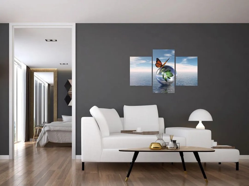 Tablou cu fluture pe bilă din sticlă (90x60 cm)