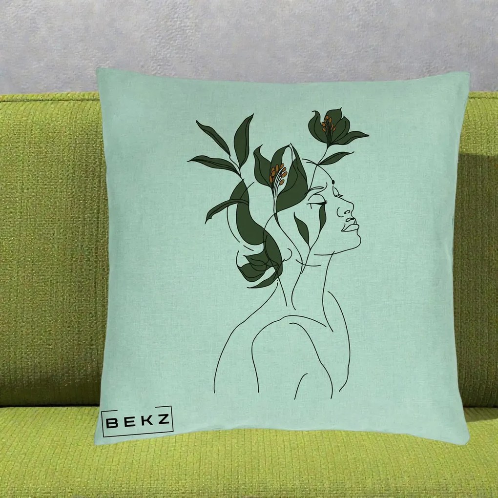 Perna Decorativa Portret Feminin Crin Verde, 40x40 cm, Verde Menta, Husa Detasabila, Perna Inclusa, BEKZ®