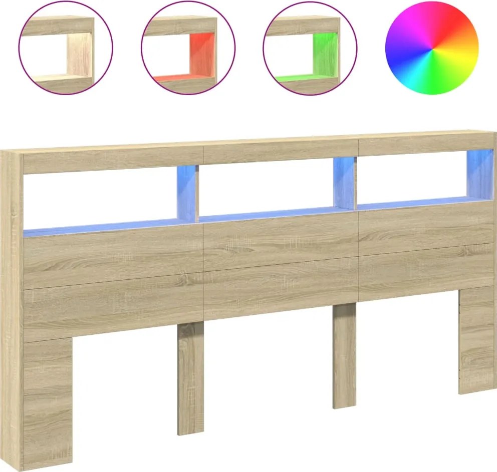 vidaXL Tăblie de pat cu dulap și LED, stejar sonoma, 200x17x102 cm
