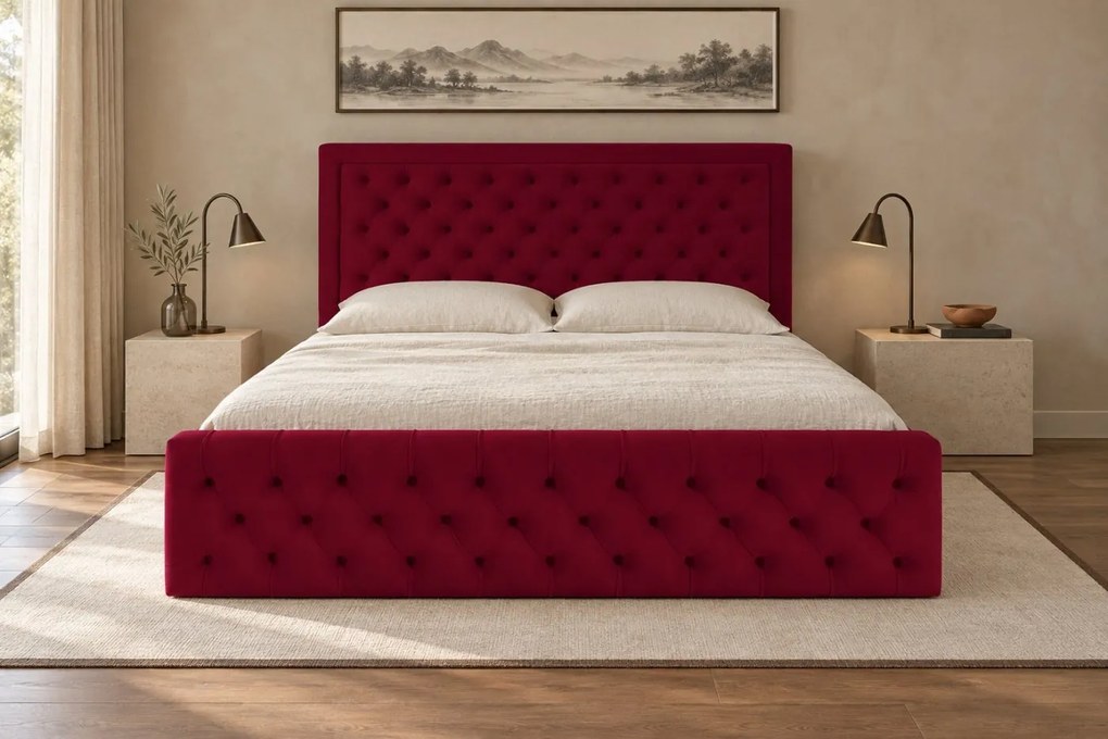 Pat tapițat Chesterfield din catifea Ophelia Deluxe 160×200 cm, vișiniu, cu ladă de depozitare