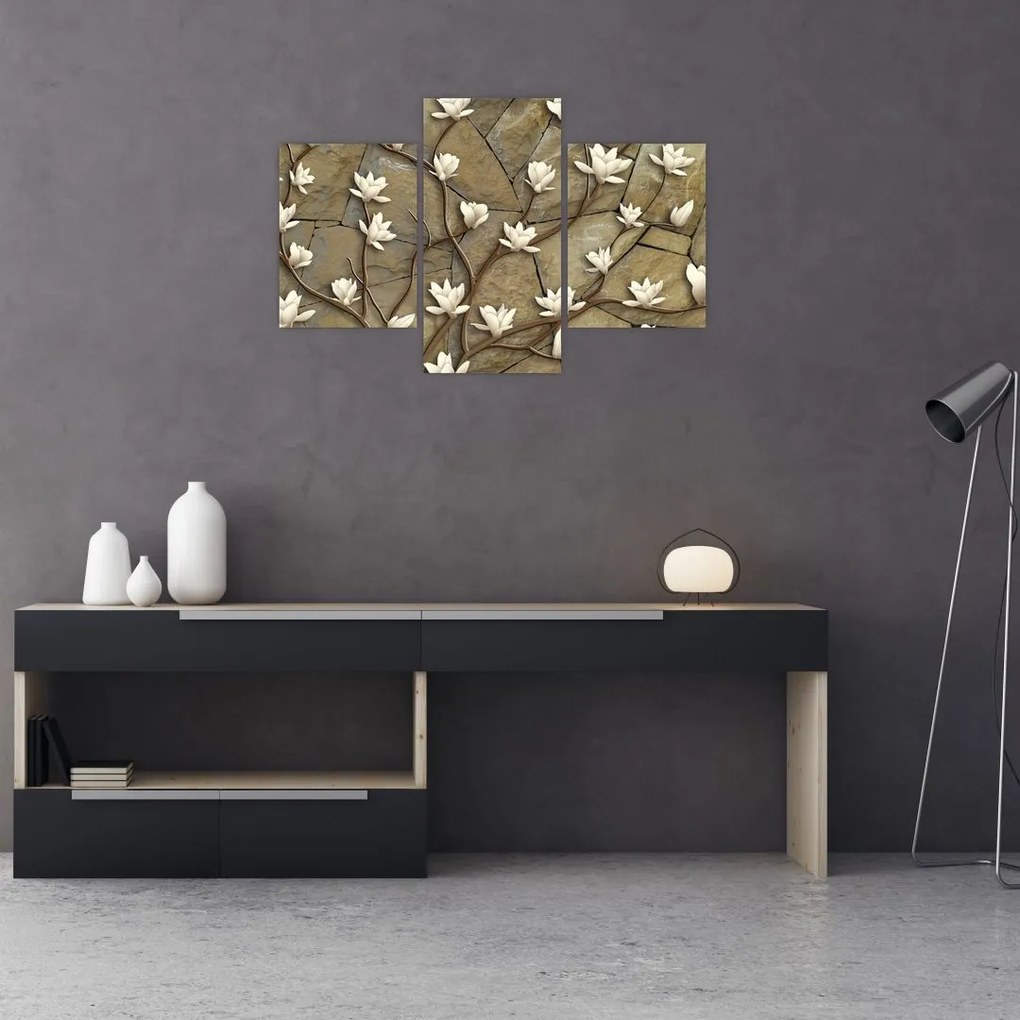 Tablou - Magnolii albe pe zidărie de piatră (90x60 cm)