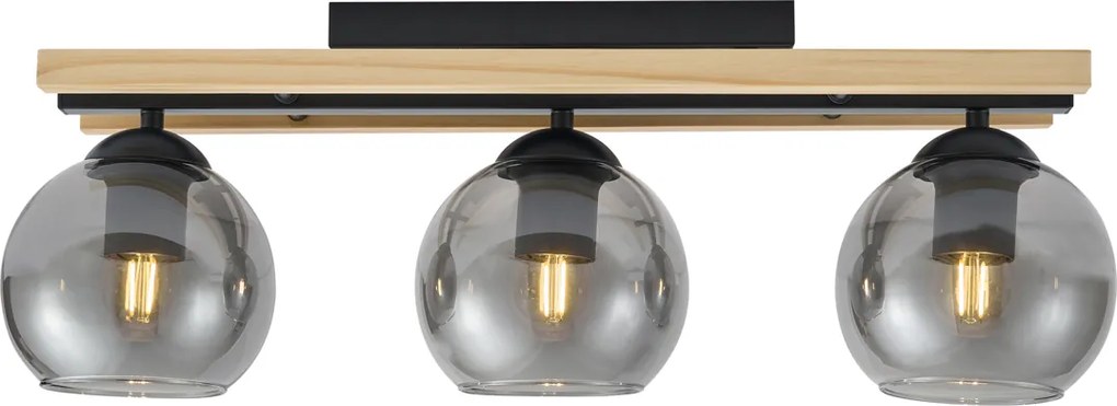 Smart plafondlamp zwart met hout en smoke glas 3-lichts incl. Wifi A60 - Aleks