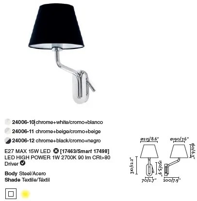 Aplica cu reader LED pe dreapta design elegant ETERNA crom/negru