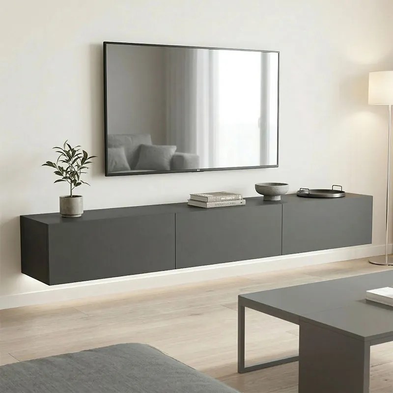 Comoda TV suspendata Rivana cu LED, culoare antracit, 210 x 35 x 30 cm