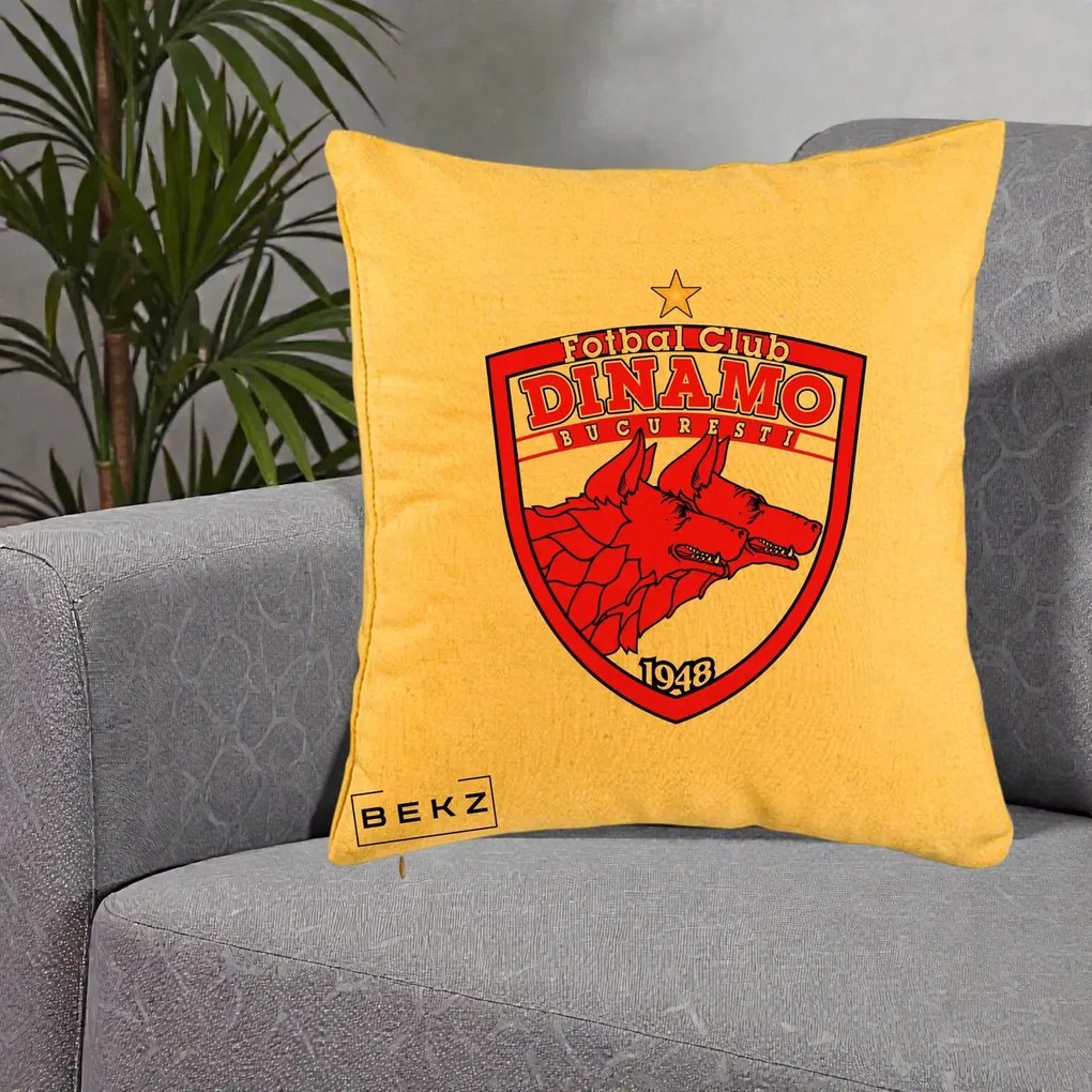 Perna Personalizata FC Dinamo Bucuresti 1948 Fotbal, 40x40 cm, Galben, Husa Detasabila, Perna Inclusa, BEKZ®