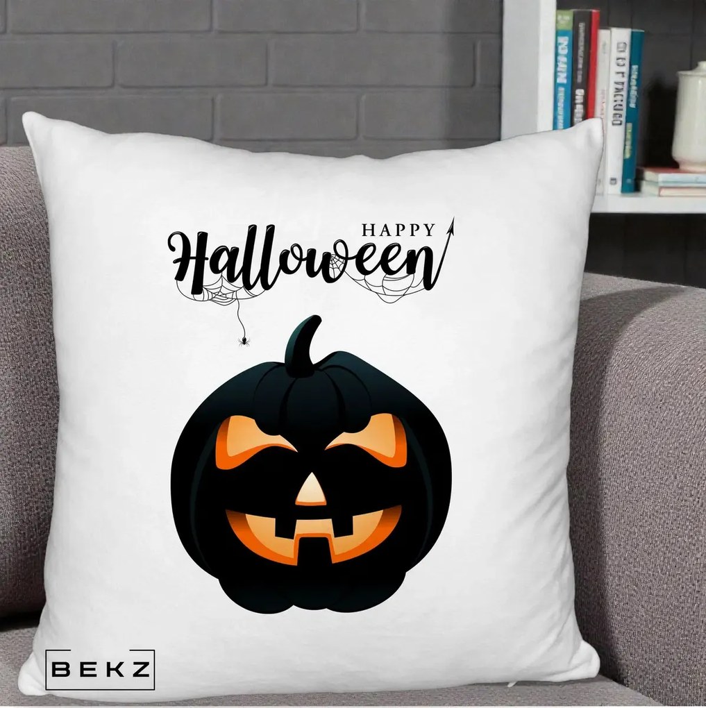 Perna Decorativa Happy Halloween Dovleac Negru cu Paianjen, 40x40 cm, Alb Pufos, Husa Detasabila, Perna Inclusa, BEKZ®