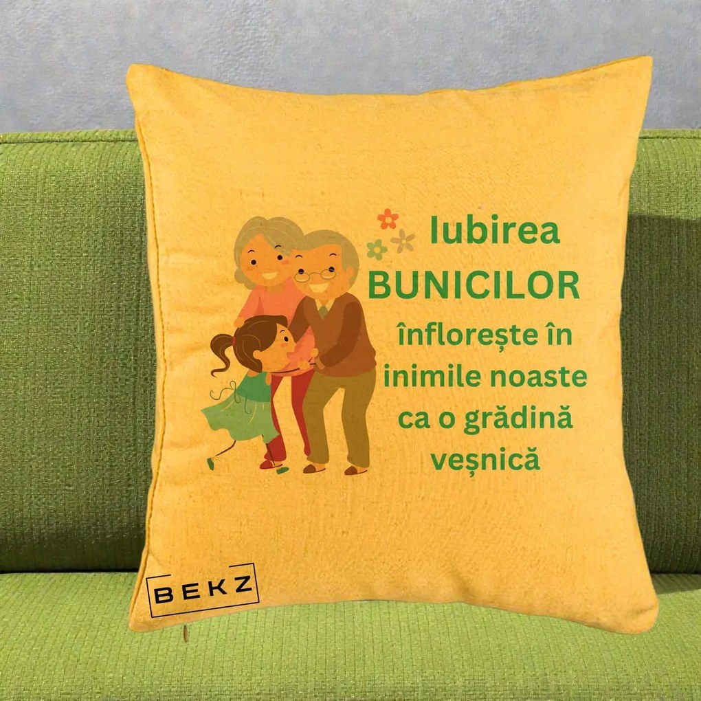 Cadou pentru Bunici - Perna Personalizata Bunicii Iubirea Infloreste cu Nepoata Teal, 40x40 cm, Galben, Husa Detasabila, Perna Inclusa, BEKZ®