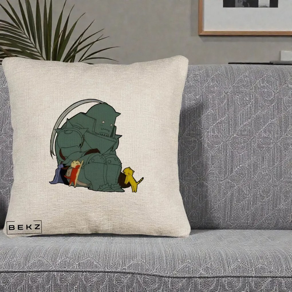 Perna Personalizata Fullmetal Alchemist Alphonse cu Pisici, 40x40 cm, Bej Canapea, Husa Detasabila, Perna Inclusa, BEKZ®