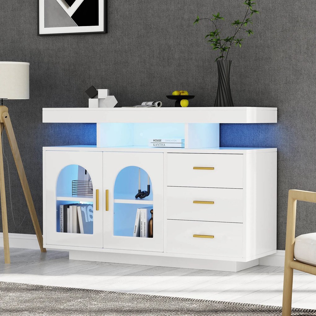 Comodă cu LED, Dulap pentru Cafea și Comodă cu Sertare, Luminos cu 16 Culori, pentru Living și Sala de Mese, 120x40x80 cm, Alb