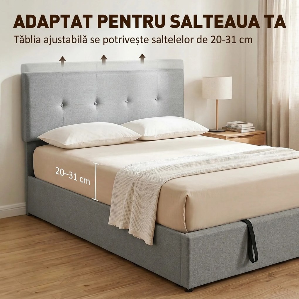 HOMCOM Pat cu ladă 140 x 190 cm, tapițat cu aspect de in, gri închis | Aosom Romania