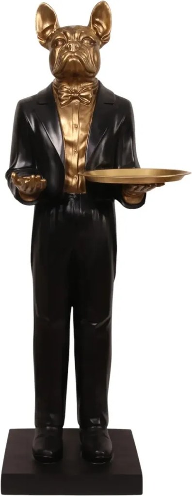 Statuetă decorativă din polirășină, negru, câine majordom cu tavă, 162 x 54 x 53 cm, „Alfred”